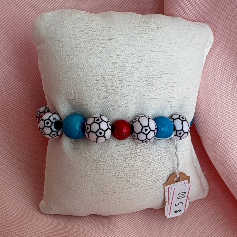 🟢 Hand Crafted Soccer Bead Bracelet - Blue, Red, and White